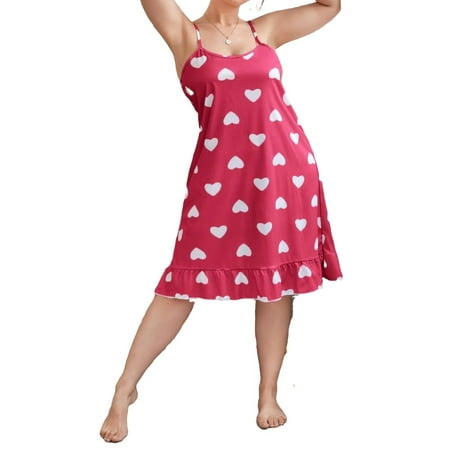 

Cute All Over Print Spaghetti Strap Slip Dress Rose Red Sleeveless Plus Size Nightgowns & Sleepshirts