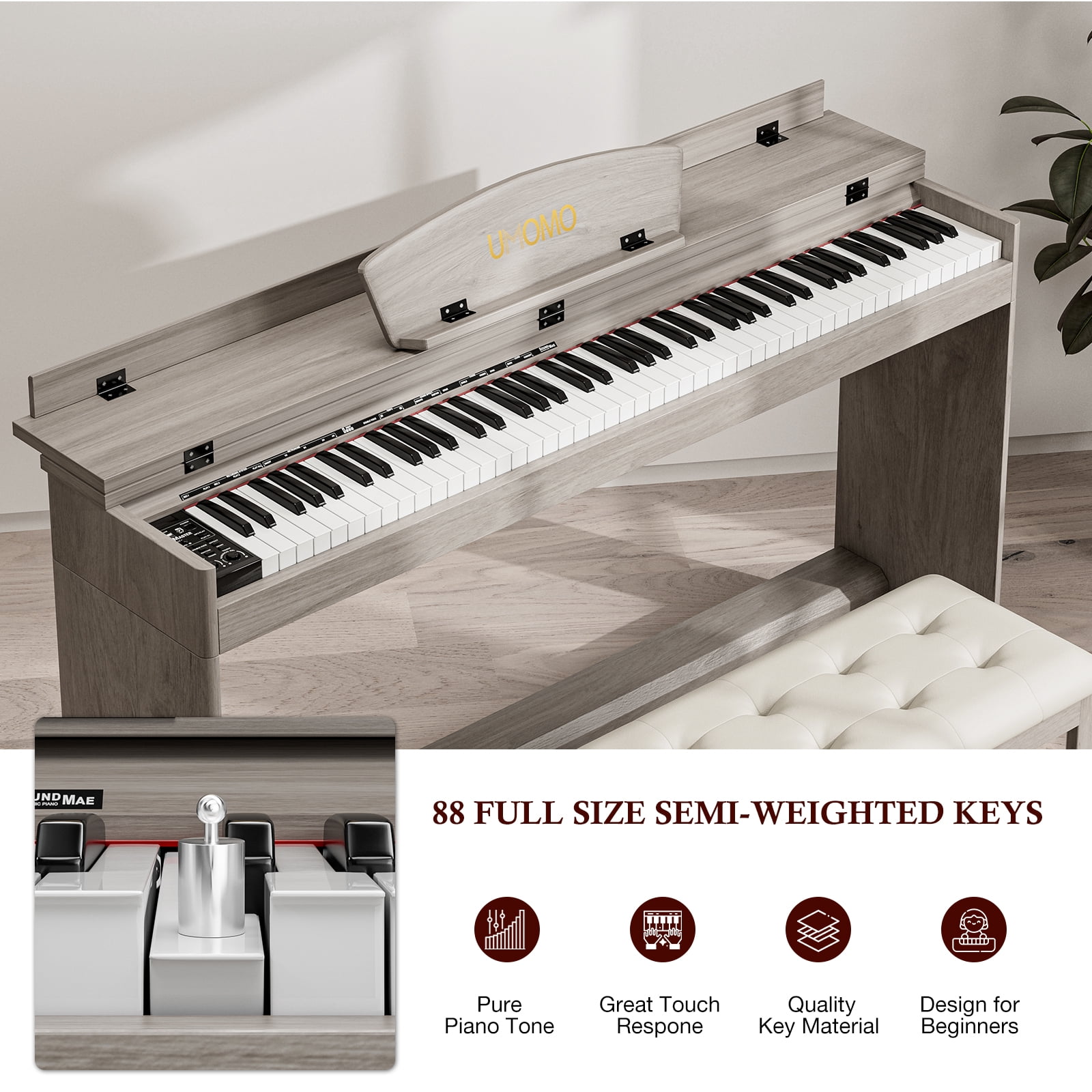 UMOMO 88 Key Digital Piano Keyboard with Piano Bench, Full Size Electric Piano with Piano Stand, Headphone Jack, 3 Pedal, Electronic Piano for Beginner, Adults, Gray