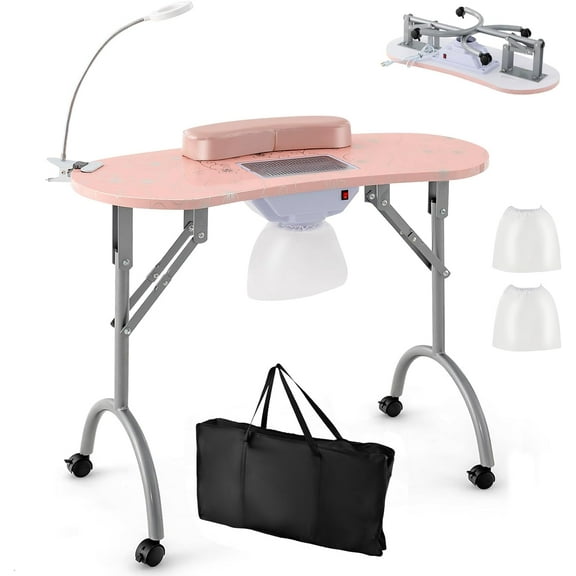 LDAILY Portable Nail Table, Foldable Nail Technician Desk w/Electric Dust Collector, Bendable LED Lamp, Removable Armrest Pad, Carry Bag, Manicure Table with Lockable Wheels for Home, Salon (Pink)