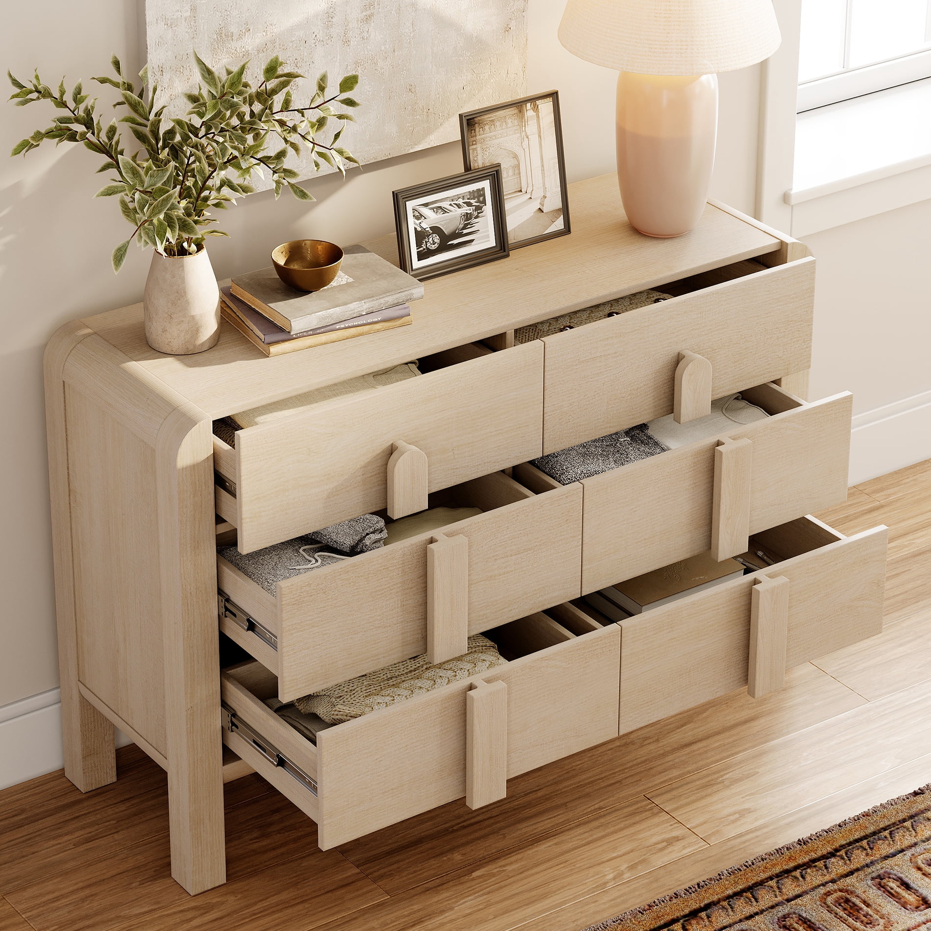 Mid Century 6 Drawer Dresser Set of 2, 47.2" Modern Chest of Drawers with Storage, Curved Profile Wood Double Dresser for Bedroom, Living Room, Hallway