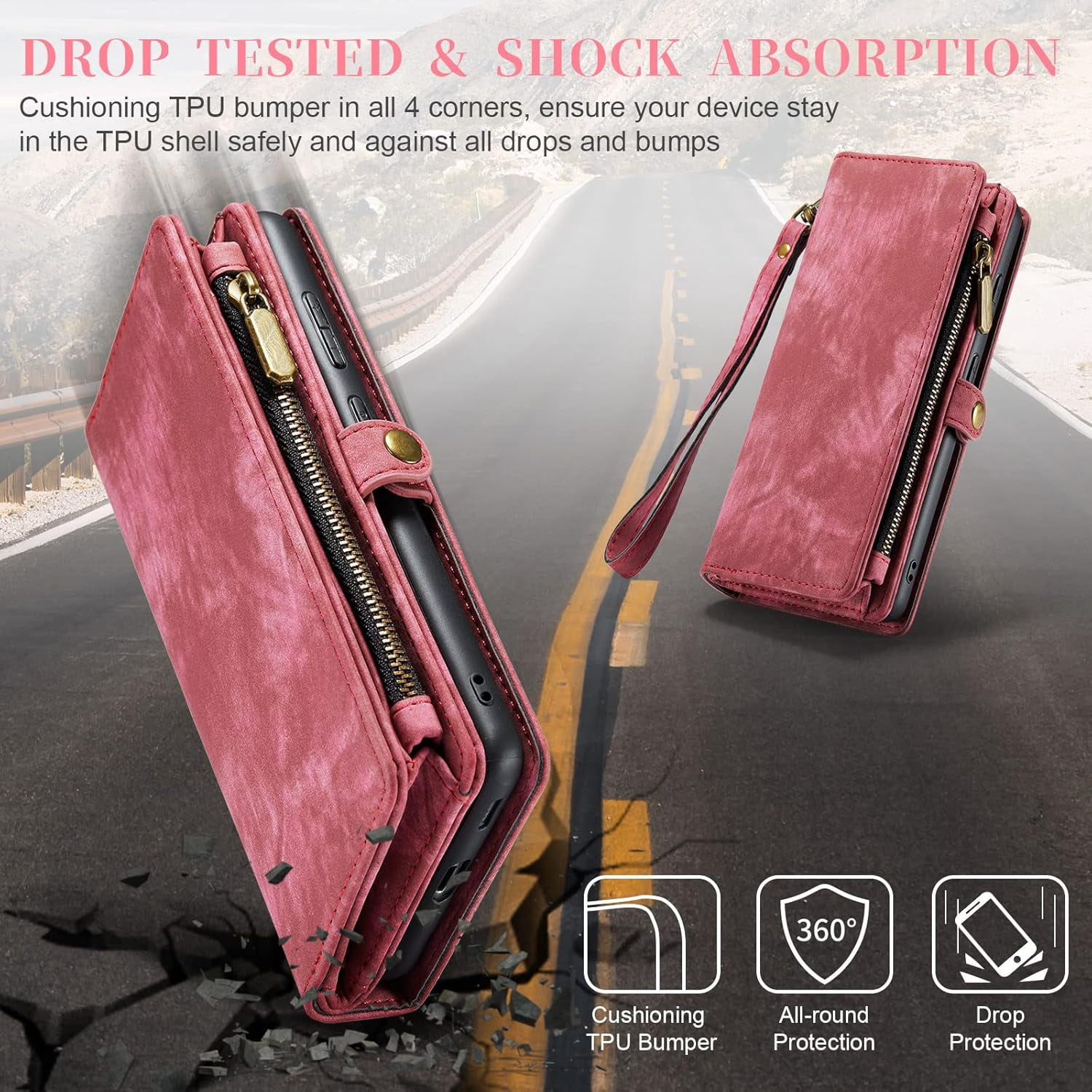 Phone Case for Samsung Galaxy S21 FE Gaxaly S 21 FE 5G Zipper Wallet Cover with Tempered Glass Screen Protector and Flip Card Holder Cell Accessories Glaxay S21FE5G UW S21FE 21S G5 Women Red