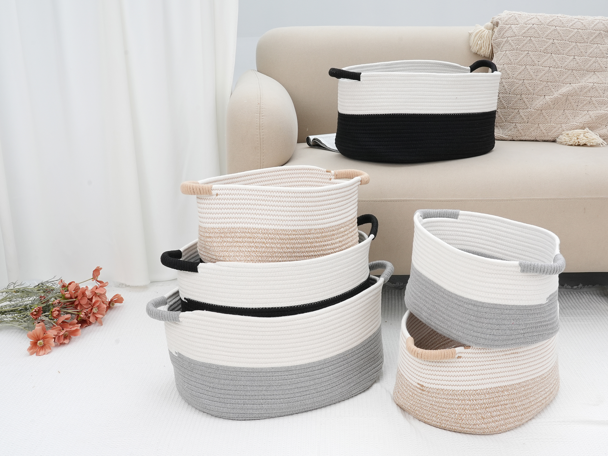 Unique Bargains Woven Storage Basket Bin with Handles White/Black 17*12.5*8.5in