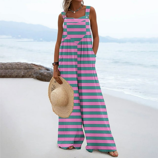 Leodye Women's Fashionable Summer Jumpsuits Button Wide Leg Overalls Casual Loose Rompers with Pockets Pink 6(M)