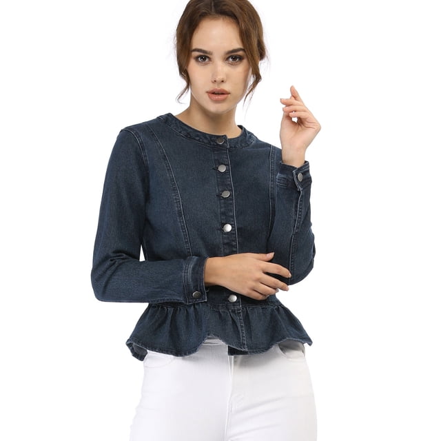 Chaqueta de Mezclilla Allegra K con Cuello Redondo y Botones Manga Larga Peplum Azul S