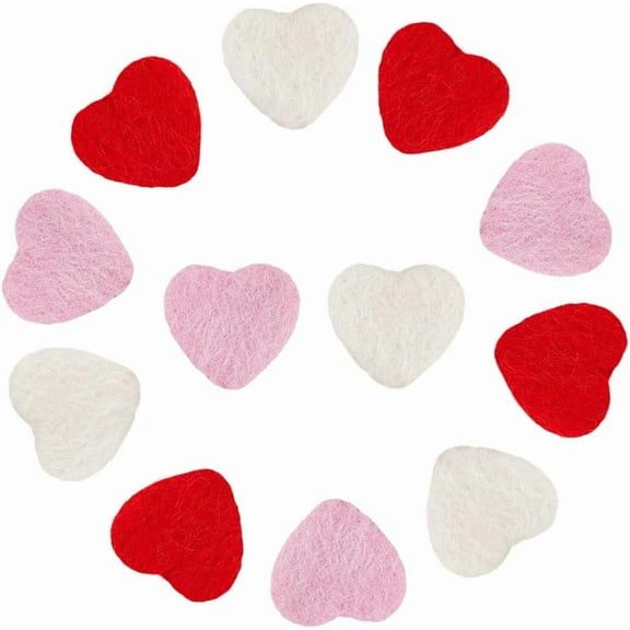 12Pcs 3 Colors Heart Felt Shapes Craft Wool Balls Pink Red Valentines Mothers Fathers Love Hearts Needle Felting Pom Pom Bead Decoration for DIY Art Craft Home Party Garland Ornaments for diy making