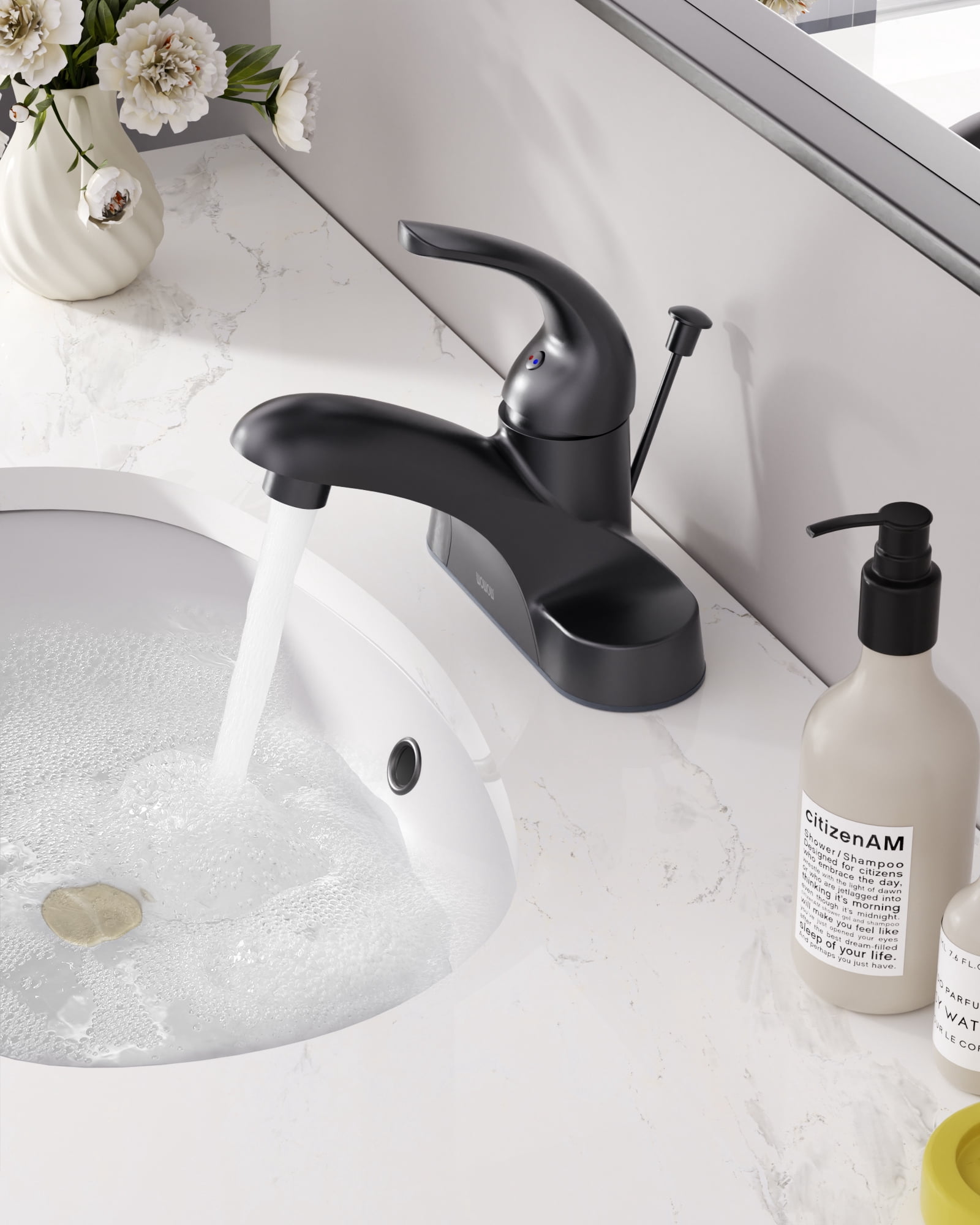 Wowow Matte Black Bathroom Faucet 4 inch Centerset Single Handle Faucet with Lift Rod Drain Assembly, Rv Lavatory Taps 3 Hole