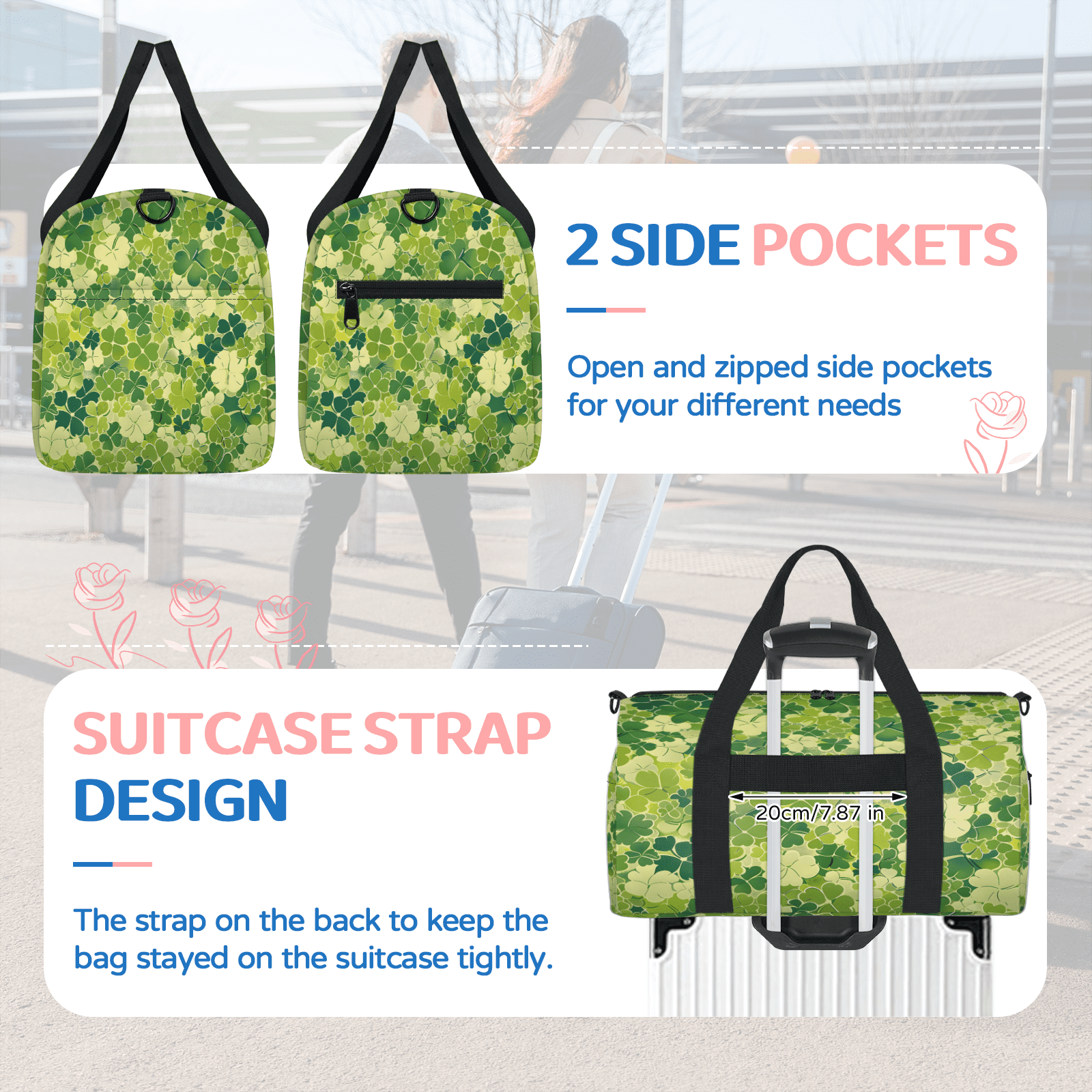 Herdesigns St. Patrick's Day Shamrock Clover Gym Bag for Women, Duffle Bag for Travel Sport, Lightweight Waterproof Carry on Weekender Overnight Dance Yoga Workout Bags