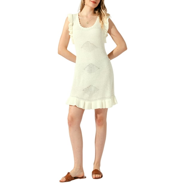INSPIRE CHIC Vestido Midi de Punto con Cuello Redondo y Volantes para Mujeres S Blanco