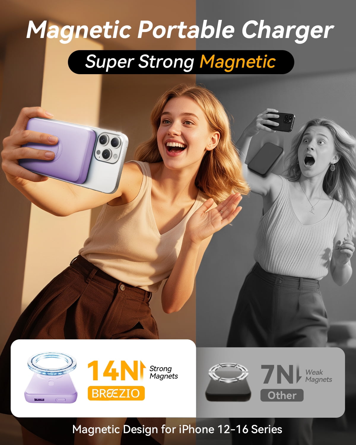 Magnetic Wireless Portable Charger, 12000mAh Power Bank, Fast Charging Battery Pack Compatible for iPhone 17/16/15/14/13, Lightpurple