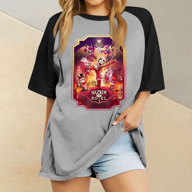 Hazbin Hotel Moda Mujer Casual Cuello Redondo Impreso Raglan Manga Corta Camiseta Top Morado/3XL