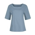 thumbnail image 5 of GXIPO Button Down Shirt Women Cotton Short Sleeve Blouses Crew Neck Collared Button Up Summer Beach Tops Blue L, 5 of 6