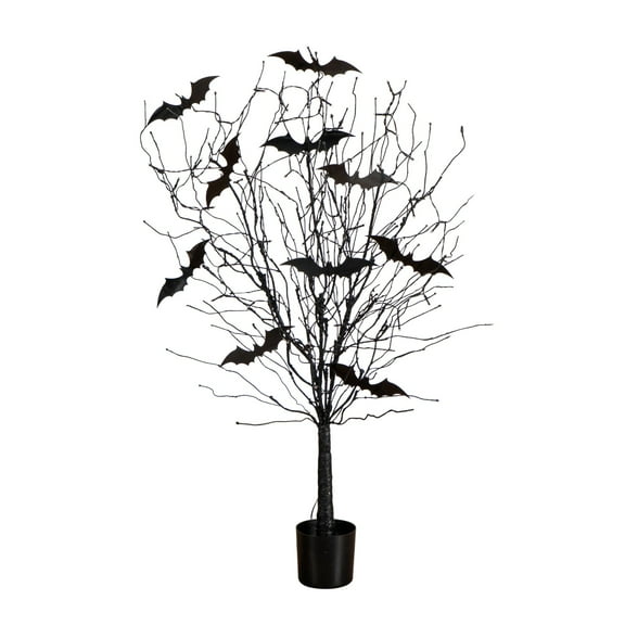 Nearly Natural Pre-Lit Bats Artificial Halloween Twig Tree - 4' - Orange LED Lights