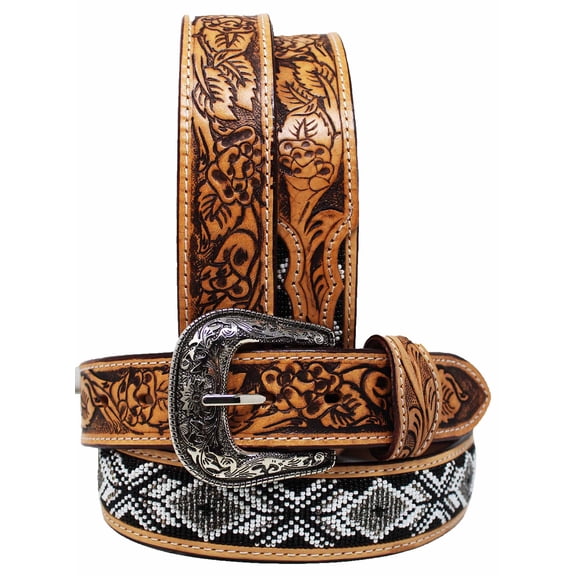52  Unisex 1.5" Western Floral Tooled Beaded Full-Grain Leather Belt 26RT28B