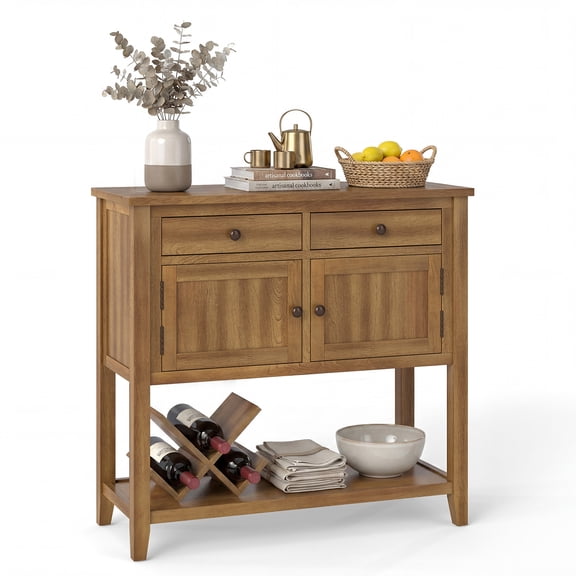 Costway Mid-Century Console Table with 2 Drawers, 2 Cabinets & Bottom Shelf for Hallway