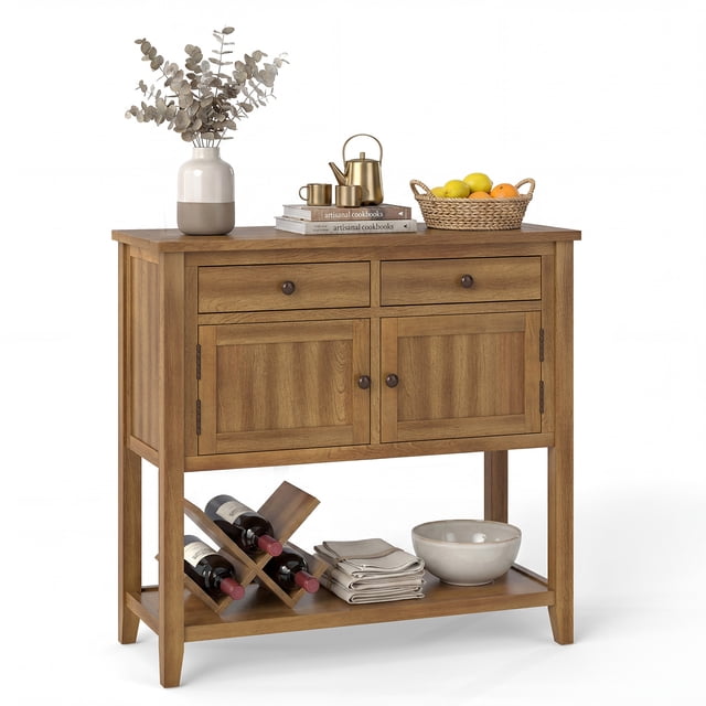 Costway Mid-Century Console Table with 2 Drawers, 2 Cabinets & Bottom Shelf for Hallway