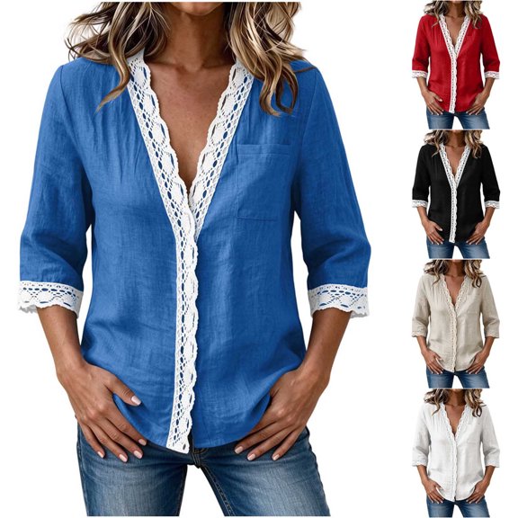 VBVC Women's Cotton Linen Lace V Neck Top , Ladies' Long Sleeve Pullover Shirt , Casual Fall Winter Work Blouses For Women, S-4XL