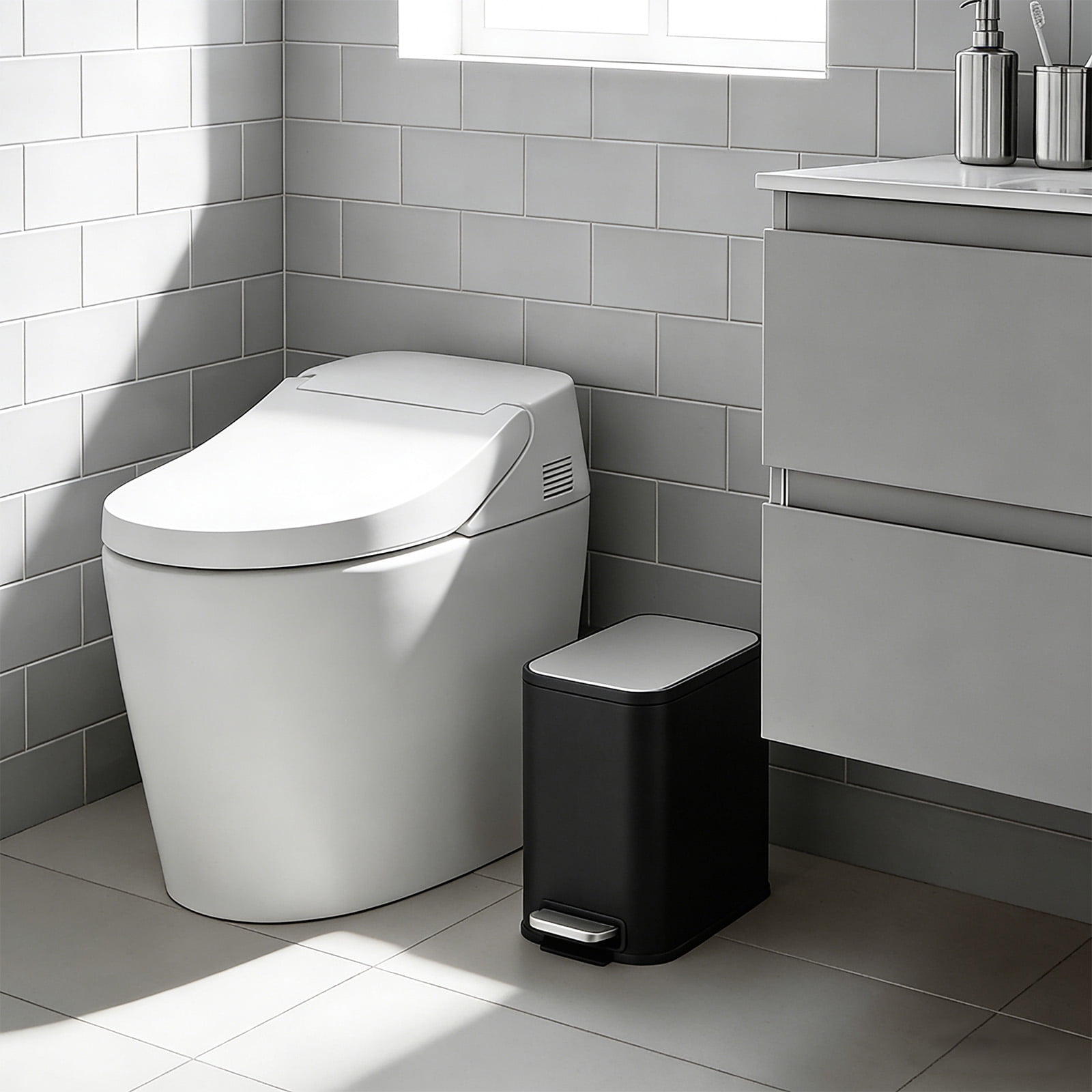 Bathroom Trash Can, 1.3 Gallon (5 L) Small Trash Bin with Lid, Slim for Small Spaces, Stainless Steel Garbage Can, Soft Close, for Home and Office