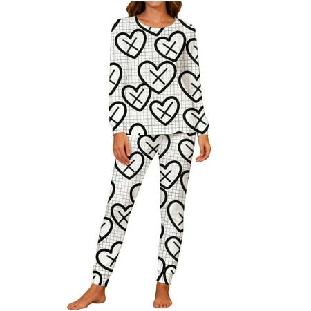 QSAWXQZ Women s Valentine s Day 2 Piece Pajama Set Matching Couple Long Sleeve Crew Neck Pullover Top Elastic Waist Pants Heart Print Sleepwear Loungewear Set with Pockets XL