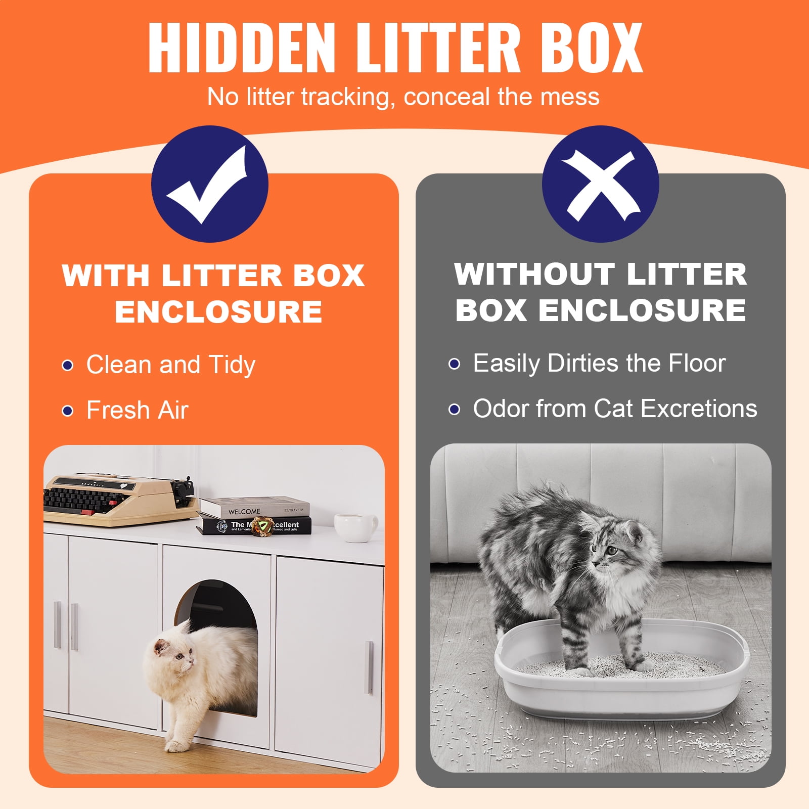 KFFKFF Dual Cat Litter Enclosure, Spacious Hidden Litter Cabinet for Multiple Cats, Wood Constructed Litter Box Cover, Dimensions: 57.9"L x 18.3"W x 17.9"H, in White