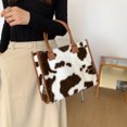 thumbnail image 5 of Yucurem Retro Animal Pattern Print Leather Plush Handbag, Winter Large Tote Bags for Travel Commuting (Brown Cow), 5 of 10