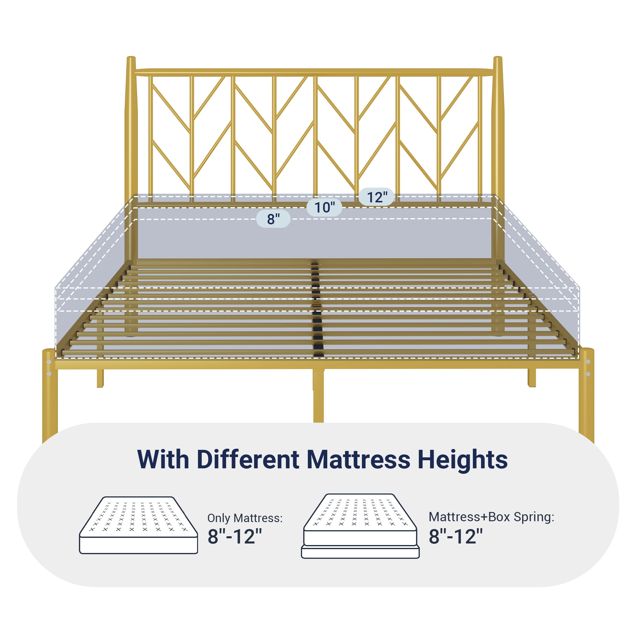 Allewie Gold Queen Size Modern Metal Platform Bed Frame with Vintage Headboard and 12" Under-bed Storage