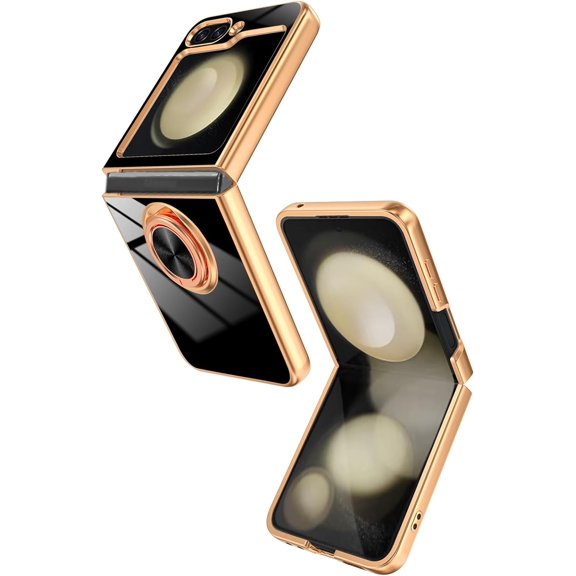 Compatible for Samsung Galaxy Z Flip 5 Case with Ring Holder Kickstand [with Magnetic] Soft TPU Shockproof Electroplated Protective Phone Case for Galaxy Z Flip 5 Black