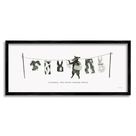 Stupell Industries Cow Doing Laundry Animals & Insects Painting Black Framed Art Print Wall Art, 24 x 10