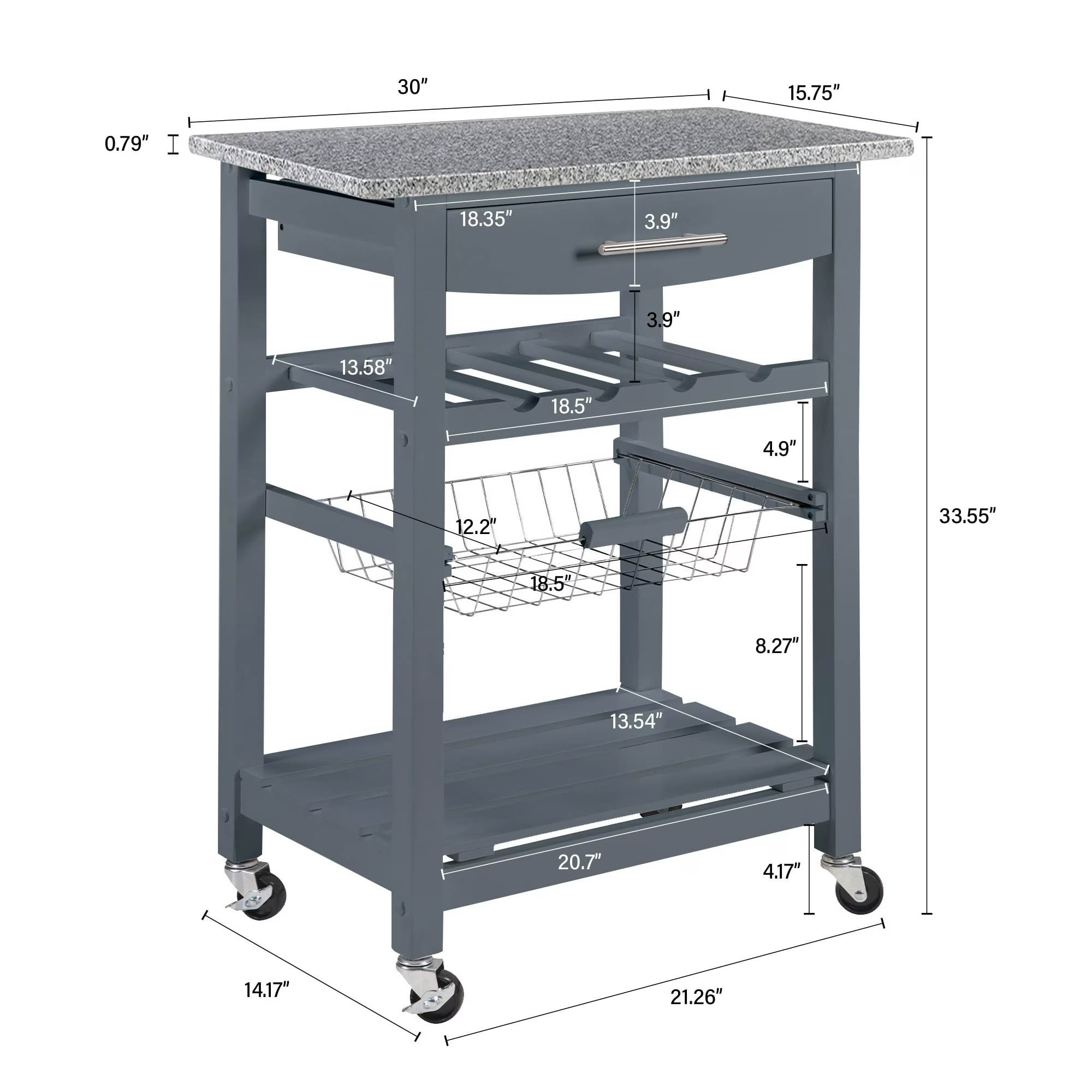 Mobile Rolling Kitchen Island Cart with Marble Top, Kitchen Trolley with Drawer & Slide-Out Wire Basket, Lockable Wheels, Portable Serving Cart for Kitchen, Dining Room, Grey