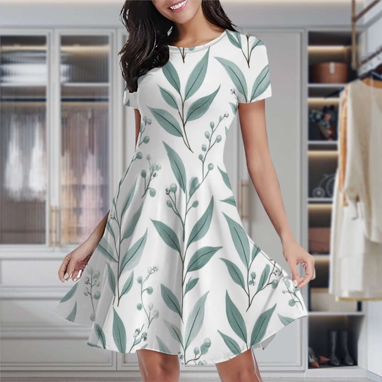 Seafoam Green Leafy Floral Pattern Women's Classic Swing Skater Dress  Casual Work Party Cocktail Dresses - Walmart.com