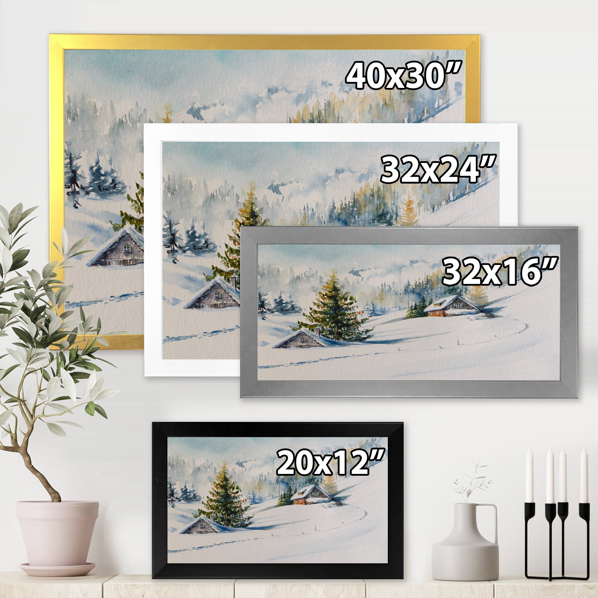 Designart 'The Winter Mountains With Little House' Traditional Framed Art Print