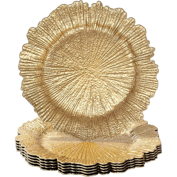 Round 13" Gold Charger Plates, Set of 6, Reef Plate Chargers for Dinner Plates, Plastic Table Chargers for Wedding, Thanksgiving, Christmas