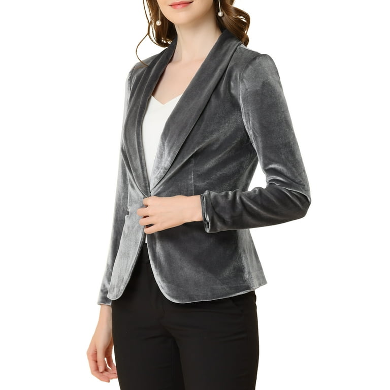 Allegra K Women s Work Shawl Collar Long Sleeve One Button Velvet Blazer XS Gray Walmart