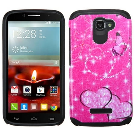 Phone Case A Alcatel One Touch Insten Butterfly/Heart Armor Hard Hybrid Rubberized Silicone Phone Case For Alcatel One Touch Fierce 2 7040T - Hot Pink/White ()
