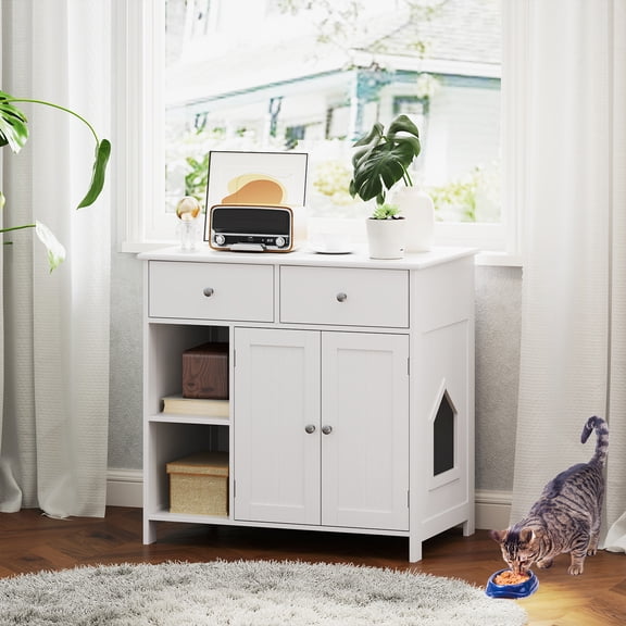 Demi Bonn 31" Modern Cat Litter Box Enclosure with 2 Drawers, Hidden Litter Box for Cats, Cat House Furniture for Side Table or Nightstand, White