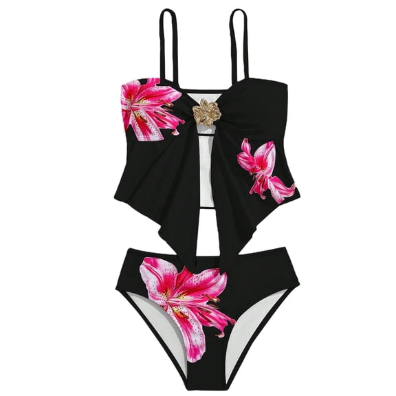 Mercatoo Teen Girls Swimsuits 2 Piece Bathing Suit Cute Flower Print Spaghetti Strap Triang1e Bikini Set Tween Cute Soft Swimwear