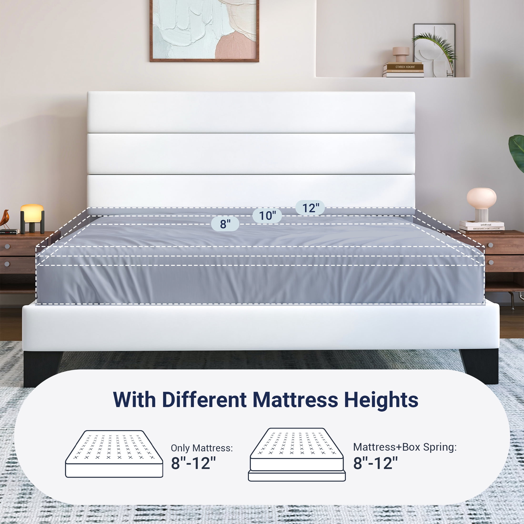 Sifurni Queen Size Platform Bed Frame with Velvet Upholstered Headboard, Easy Assembly, No Box Spring Needed, White