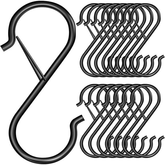 16 Pcs S Hooks, Kvago 3.5 inch S Shaped Hooks with Safety Buckle, Small Metal Hooks for Hanging Plants, Pots, Closet, Clothes, Kitchen, Garden, Indoor Outdoor (Black)