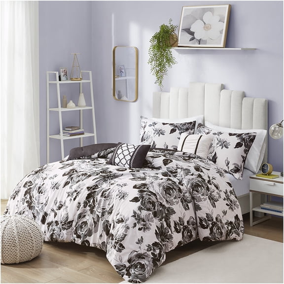 JERFIT King Size Comforter Set, 7-Piece Floral Printed Bedding Set with Comforter, Shams & Pillows, Ultra Soft Microfiber, Black White Botanical Design, Hypoallergenic, Machine Washable