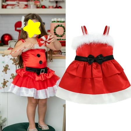 

Kids Toddler Girl Christmas Dress cosplay for Xmas Party Sleeveless Button Front Fur Trim Ruffle A-line Dress