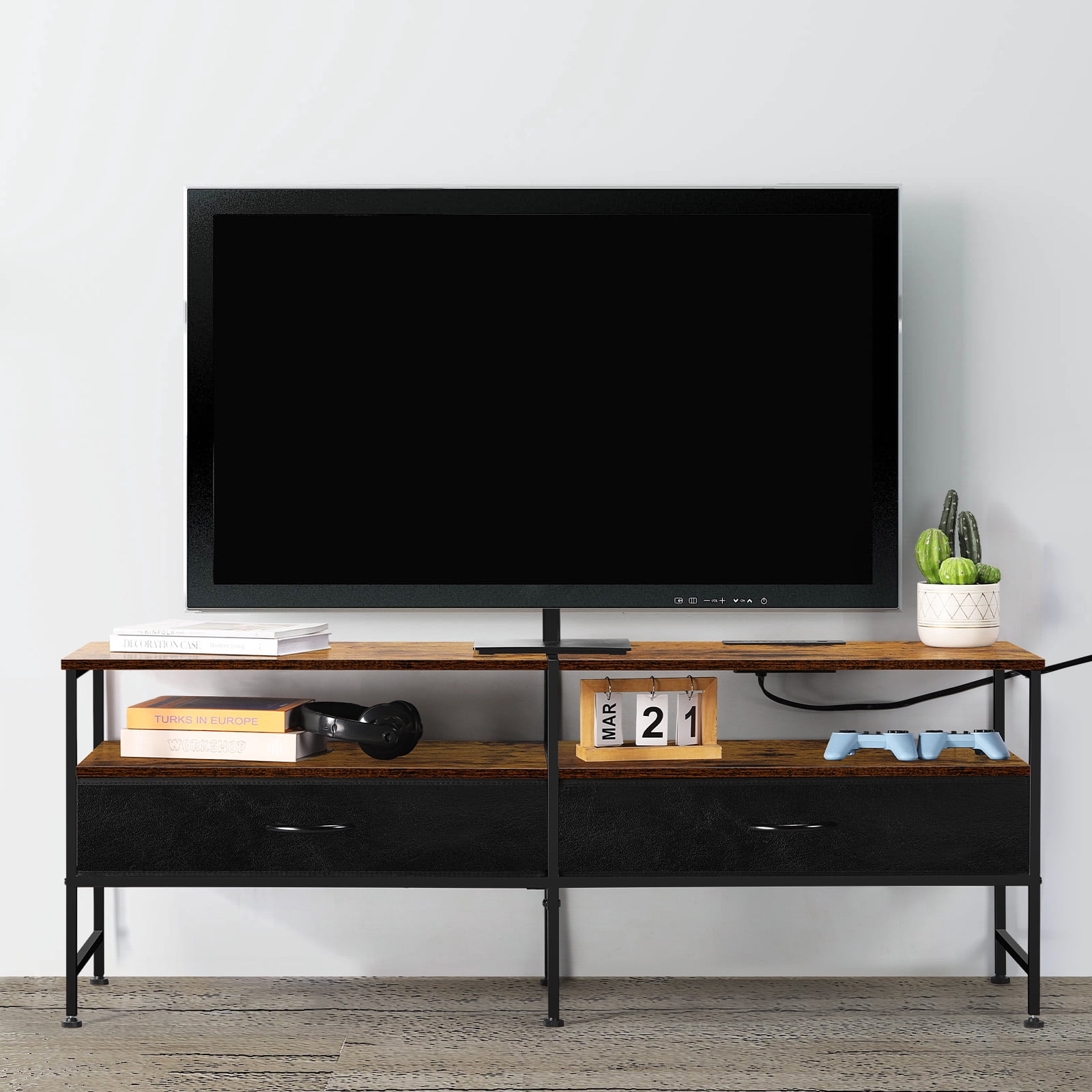55"L Extended TV Cabinet Industrial TV Cabinet with Fabric for Living Room, Bedroom with Charging Stake Brown