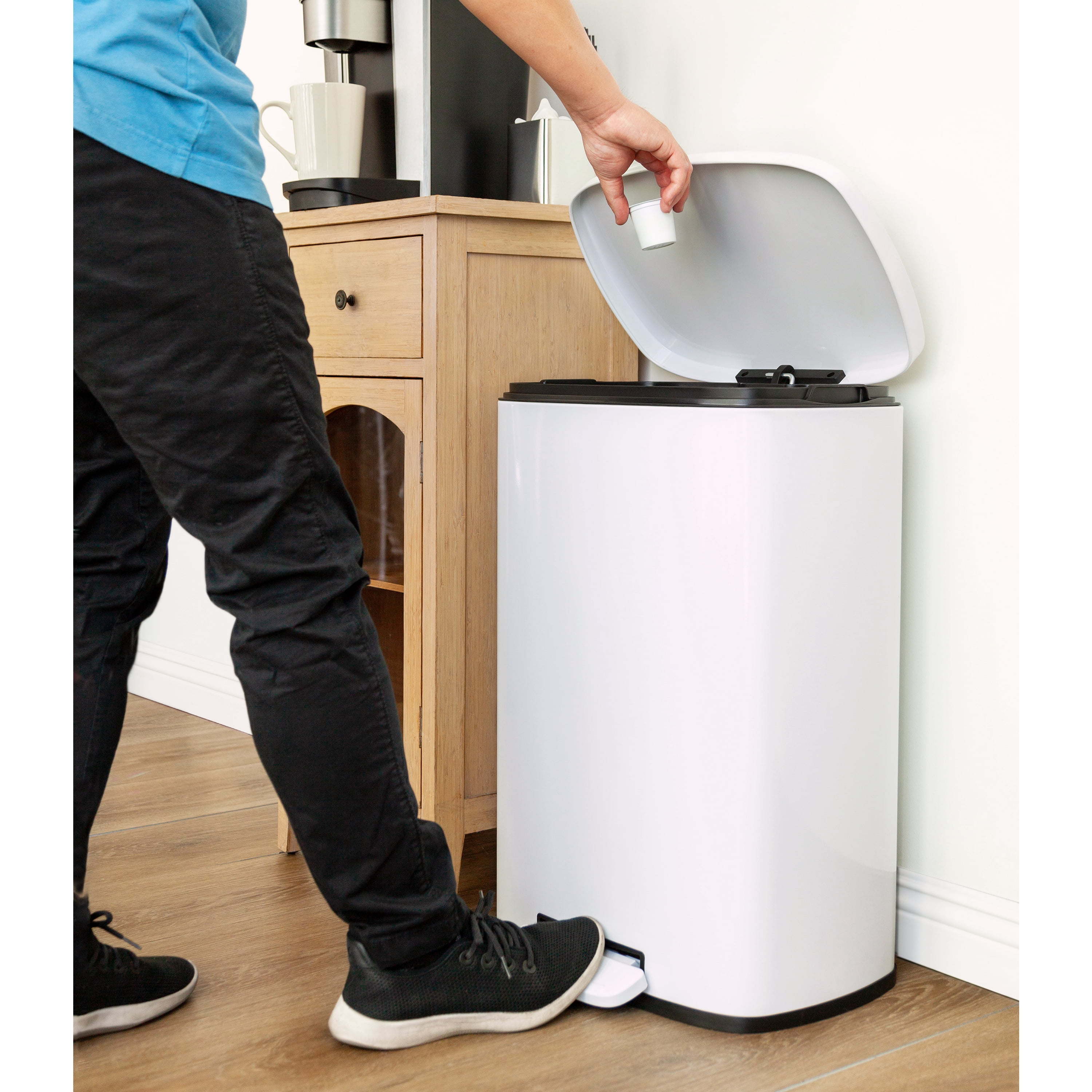 Qualiazero Kitchen Bathroom Trash Can Combo, 13.2 Gallon and Two 1.3 Gallon Stainless Steel Step Garbage Bin with Soft Close Lid, White