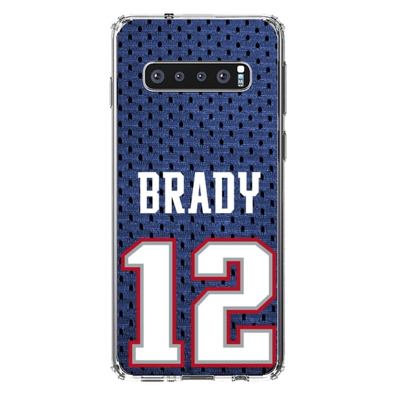 DistinctInk Clear Shockproof Hybrid Case for Samsung Galaxy S10  PLUS(6.4" Screen) - TPU Bumper, Acrylic Back, Tempered Glass Screen Protector - Brady 12 Jersey - Football Team