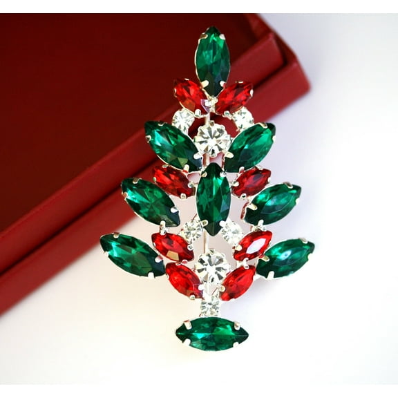 Christmas Tree Brooch Pin, Rhinestone Xmas Tree Pin, Christmas Tree Holiday Jewelry
