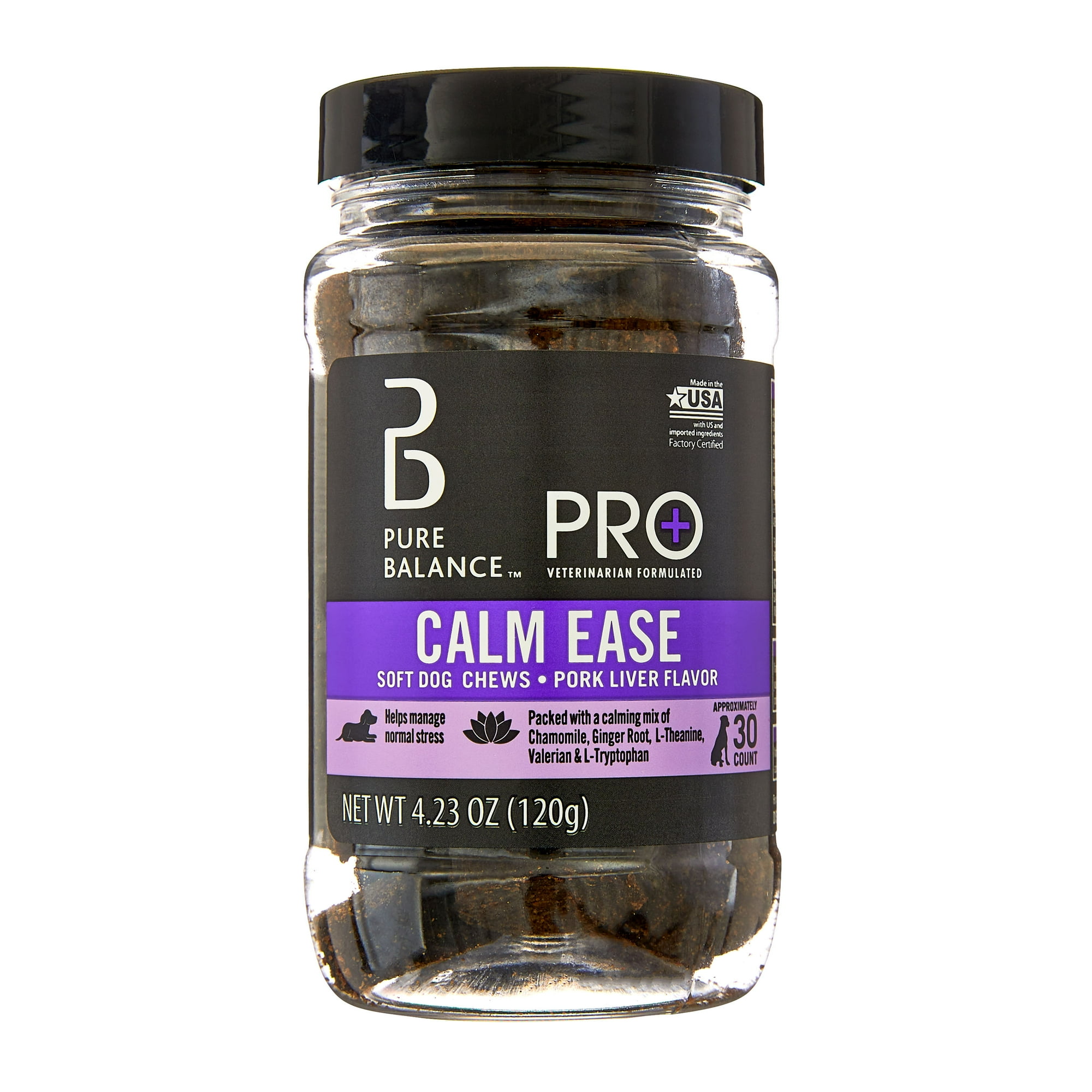 Pure Balance Pro+ Calm Ease for Dogs, Calming Supplement, Pork Liver Flavor, 30 Count Soft Chews
