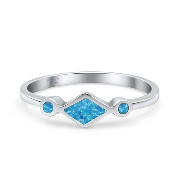 Square Vintage Style Petite Dainty Lab Blue Opal Ring Band 925 Sterling Silver Size 4