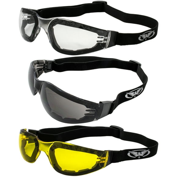 Global Vision 3 Pair Ideal Foam Padded Riding Motorcycle Safety Goggles ANSI Z87.1 Black with Clear, Smoke & Yellow Lenses