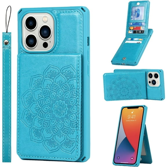 iPhone 13 Pro Max Wallet Case with RFID Blocking Card Holder,PU Leather Magnetic Buttons Portrait Stand Flip Wrist Strap Shockproof Case for iPhone 13 Pro Max 6.7 Inch,Mandala Blue