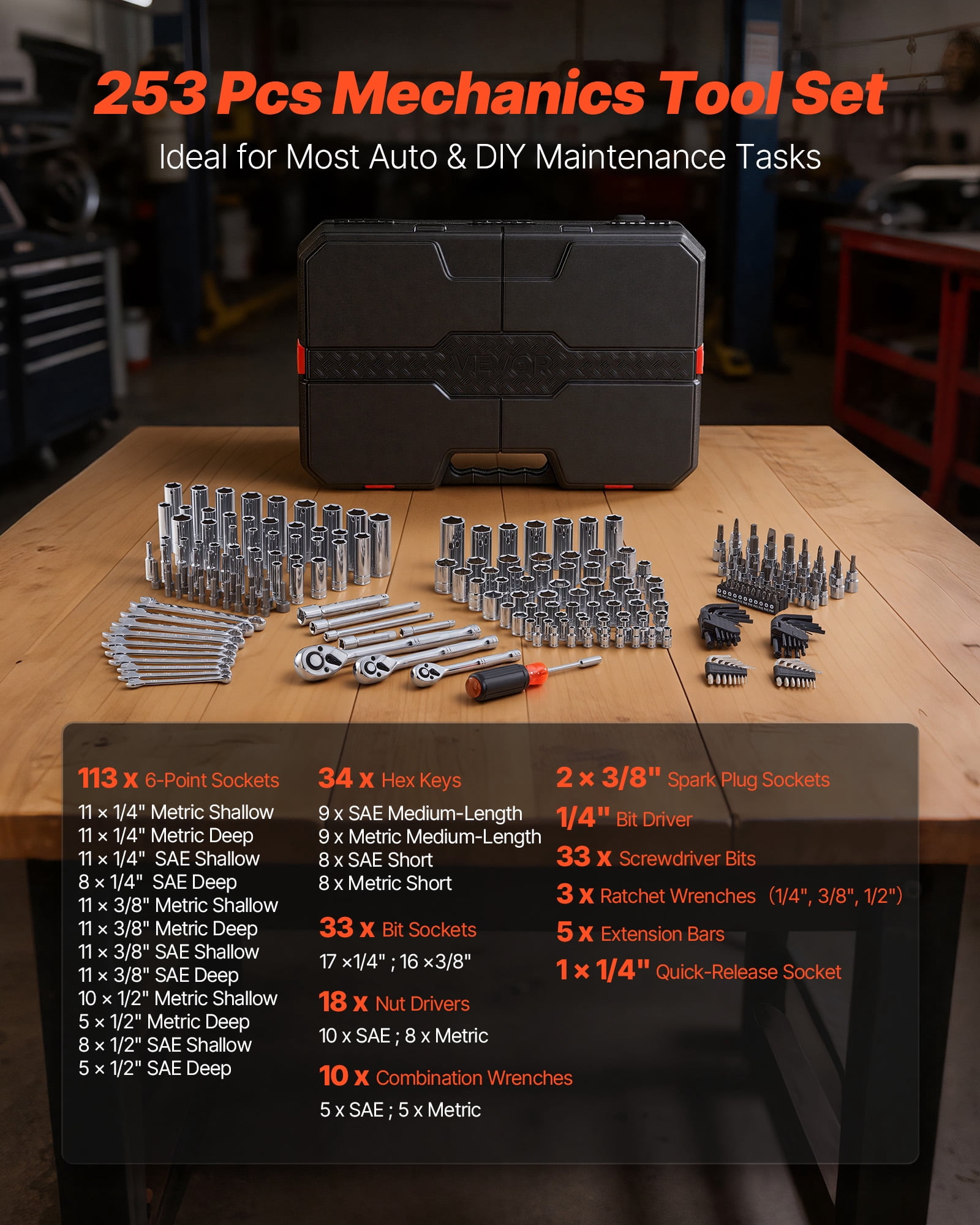VEVOR Mechanics Tool Set, 253-Piece Mechanic Tool Kit, 1/4 in, 3/8 in, and 1/2 in Drive, SAE and Metric Socket Set, Wrenches, Screwdriver Bits, Accessories, and Storage Case, for Automotive Repair