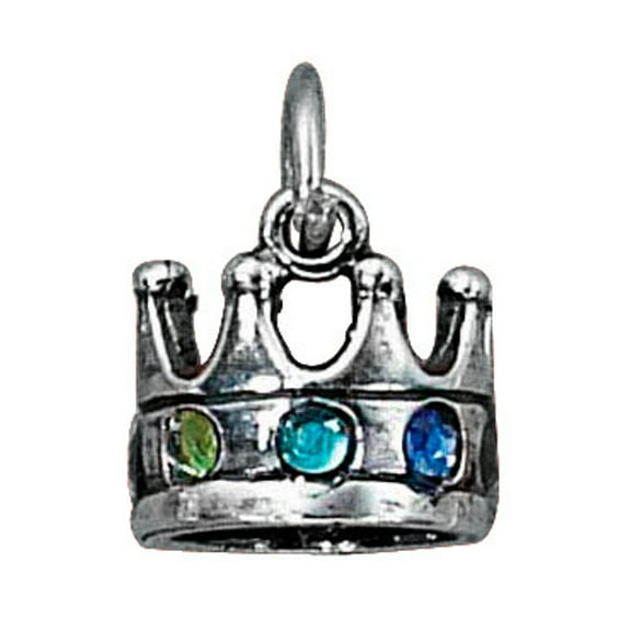 Sterling Silver 16" .8mm Box Chain Colored Crystal Crown Pendant Necklace