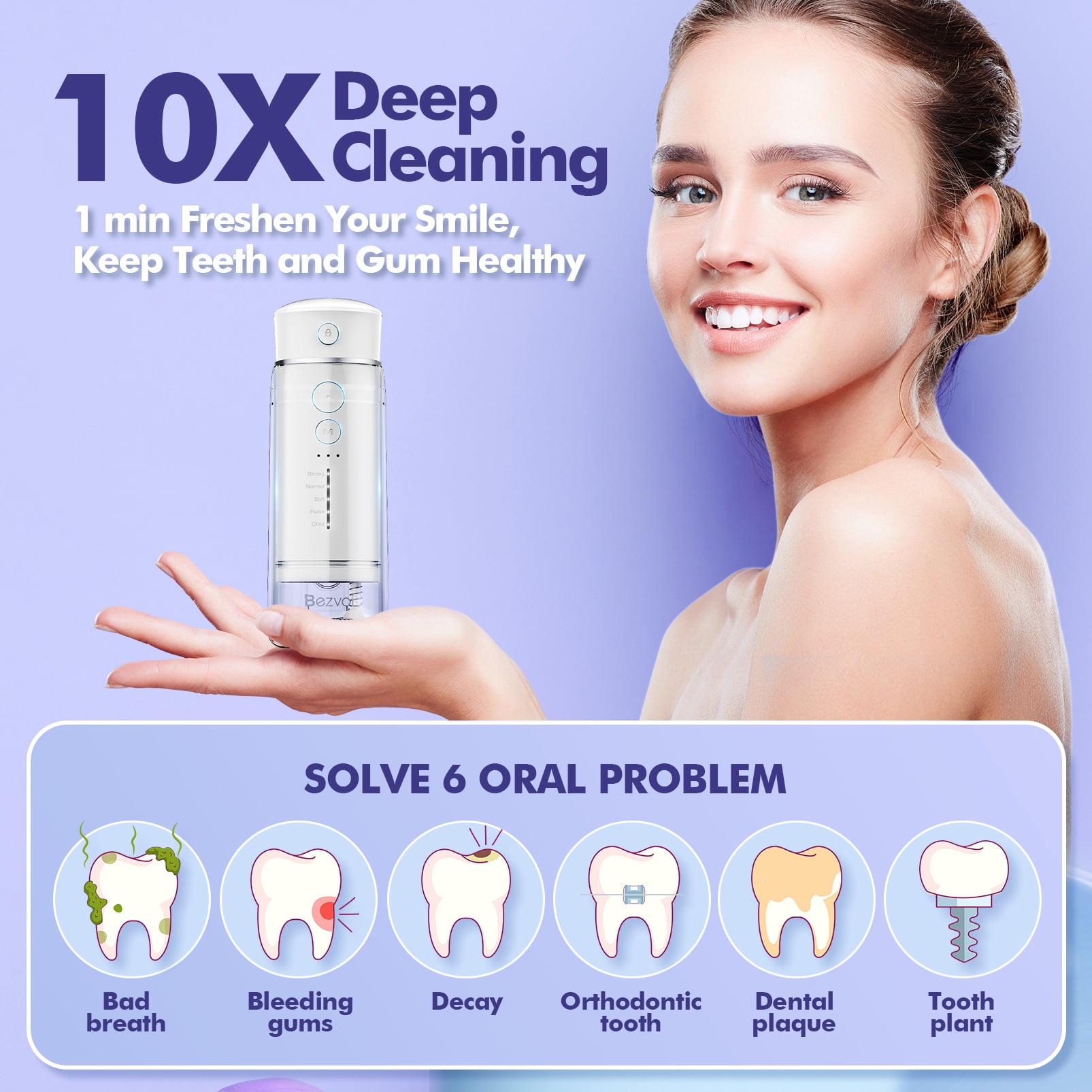 Bezvoi Water Flosser Cordless Travel, Mini Oral Irrigator with Telescopic Water Tank, 5 Modes, 6 Jet Tips, IPX7 Waterproof Electric Portable Water Teeth Cleaner Picks for Braces Bridges Care